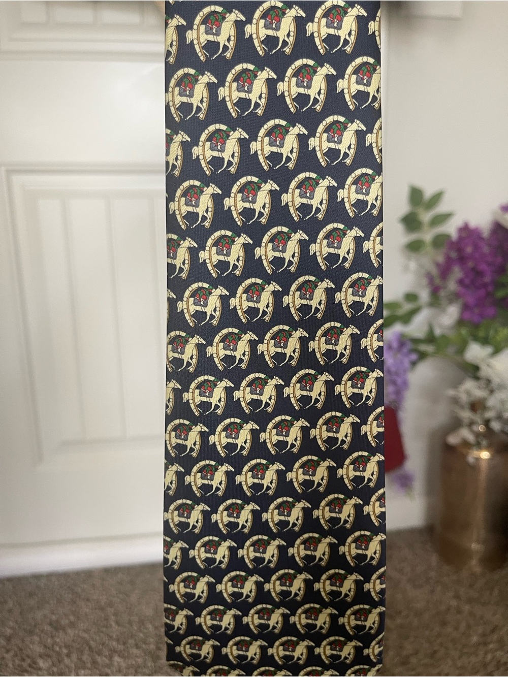 Rene Chagal Navy Horse & Horseshoe Hand Made Silk Men’s Tie - Picture 3 of 6